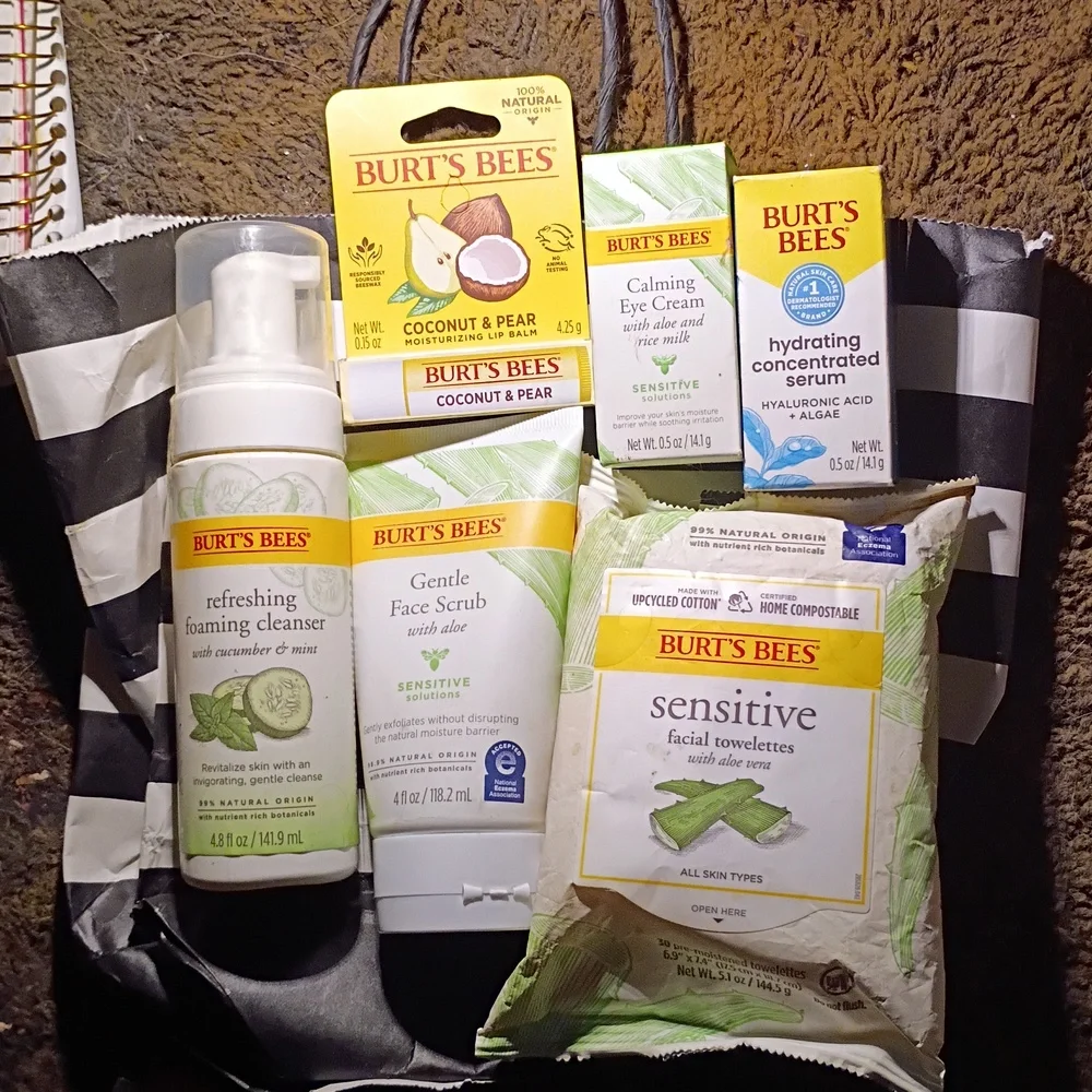Burt's Bees Sensitive Skin scrub eye cream serum cleanser towelettes lip balm